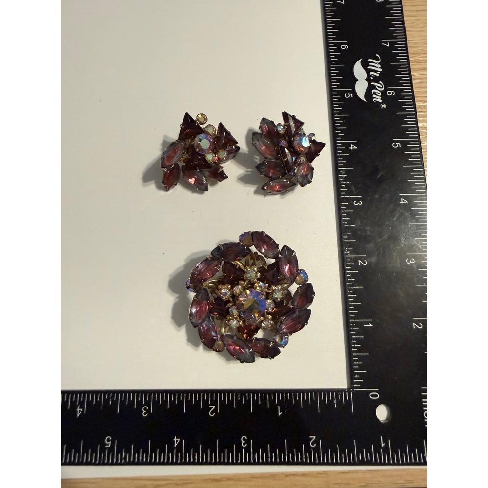 Vintage Purple Rhinestone AB Crystal Brooch and Clip On Earrings Jewelry Set